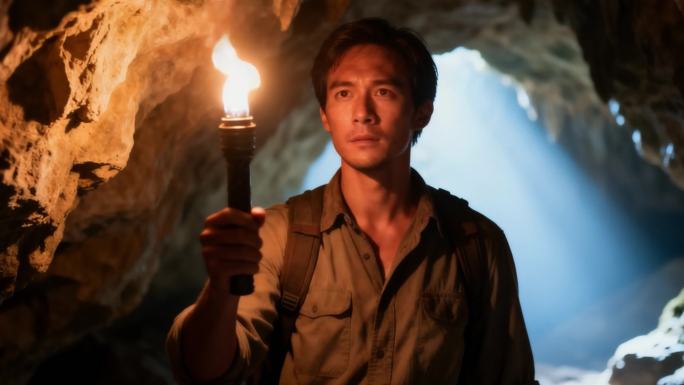 洞穴探险手持火把 海边篝火晚会场景