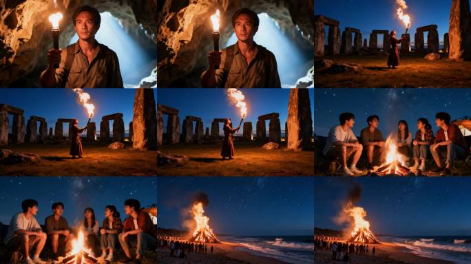 洞穴探险手持火把 海边篝火晚会场景