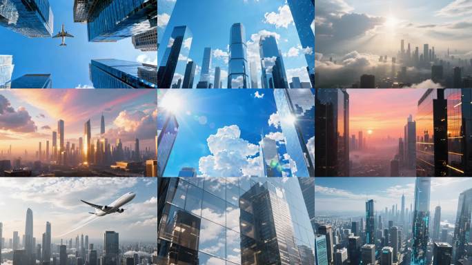 城市建筑与飞机空景现代都市高楼大厦航拍