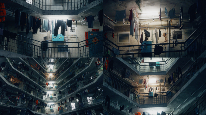 夜晚老旧小区居民楼灯光