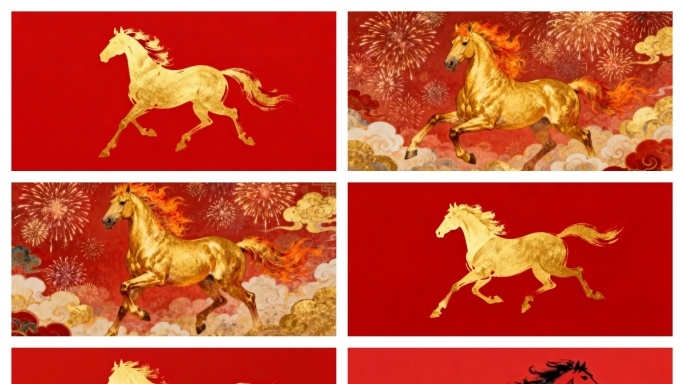 金色奔马红背景视频国潮金骏马动态素材