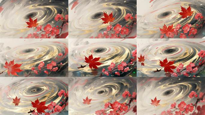 水墨金纹红叶背景