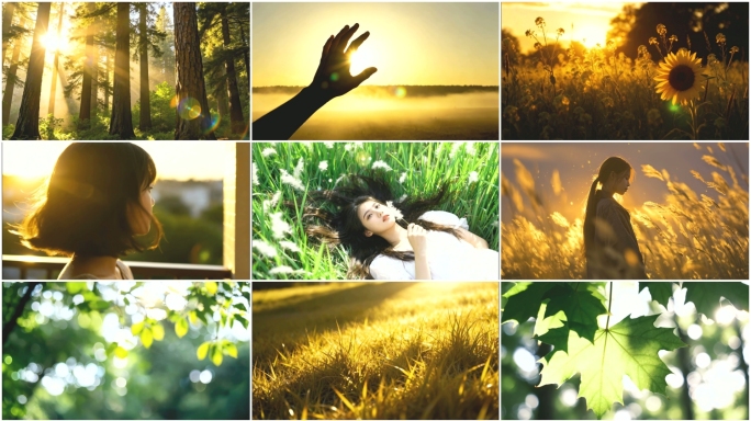 清晨阳光清新少女触摸阳光树荫唯美森林阳光