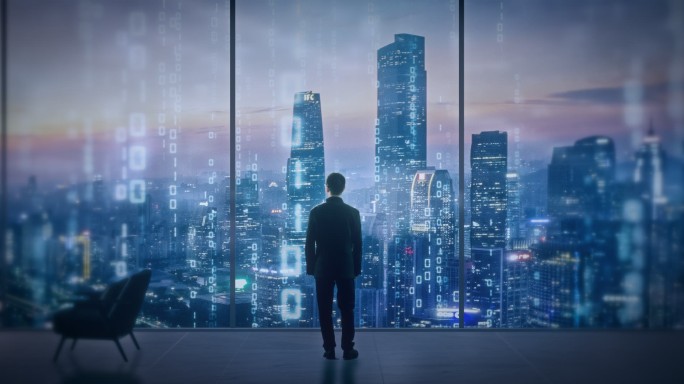 商务人士眺望科技城市