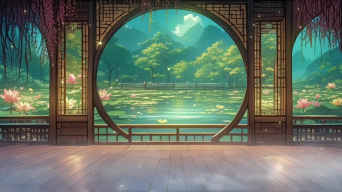 古风圆形拱门四季场景