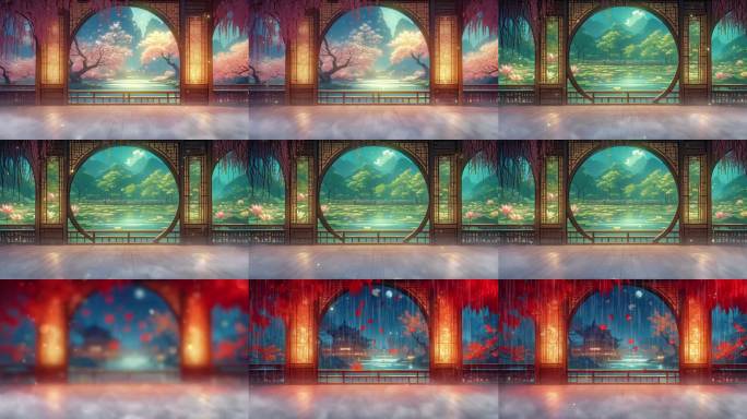 古风圆形拱门四季场景