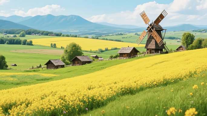 金色花海风车田园风光