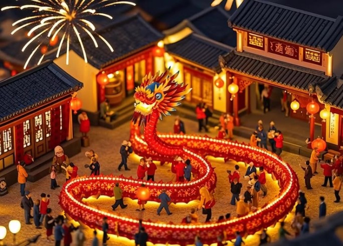 元宵春节舞龙烟花夜景