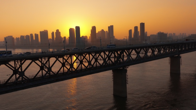 武汉长江大桥 日落航拍