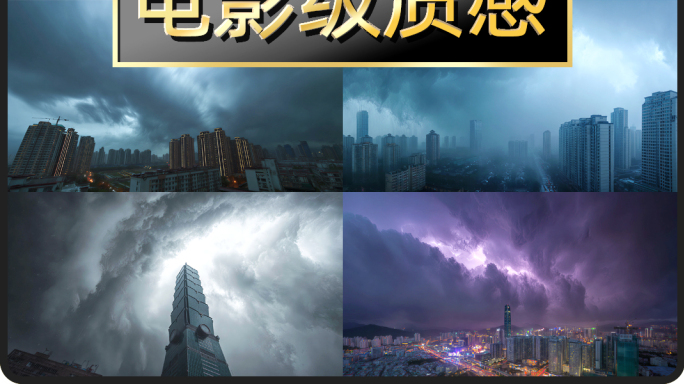 台风天城市云流雷雨