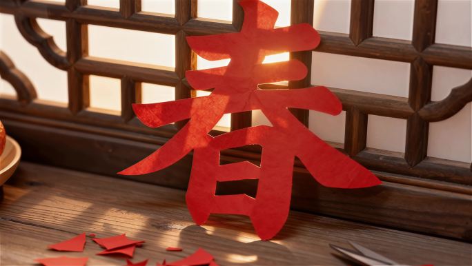 过年春节剪纸春字场景素材