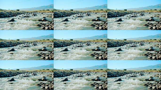 高原上奔腾流淌的河水特写