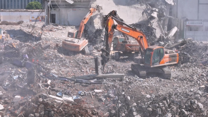 【10段】城市改造挖掘机拆迁工地现场实拍