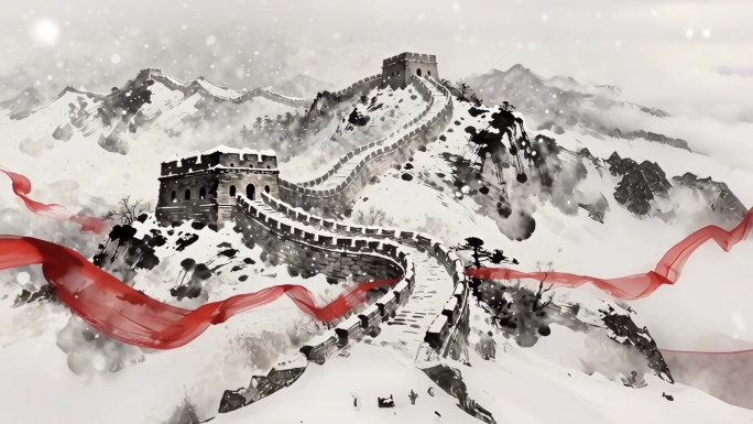 中国风水墨画长城红绸红丝带飘扬