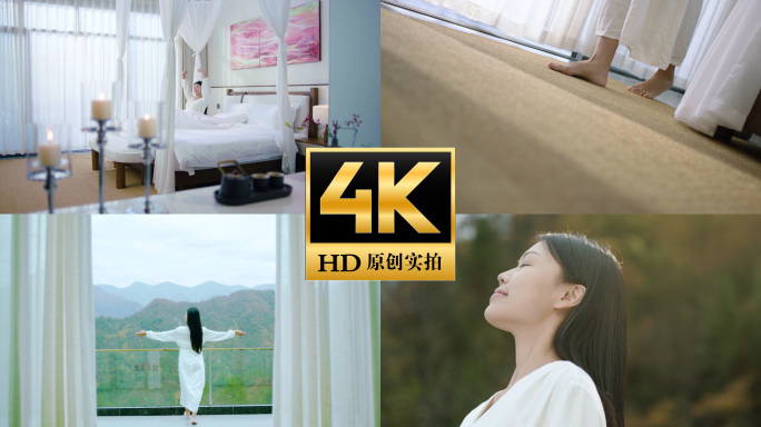 美女起床拉开窗帘享受自然民宿度假休闲生活