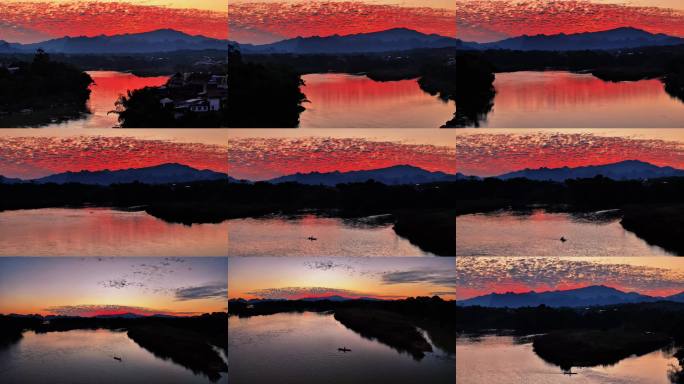 红霞映江山水如画