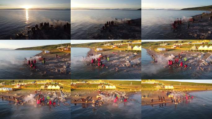 青海湖藏传佛家祭湖帐篷营地湖畔日出航拍