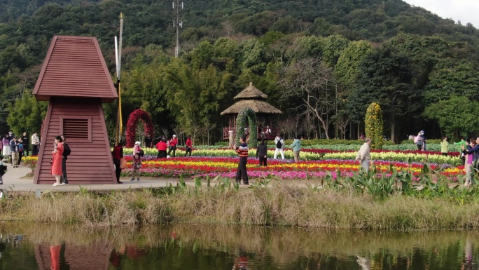 游客漫步绿色田野