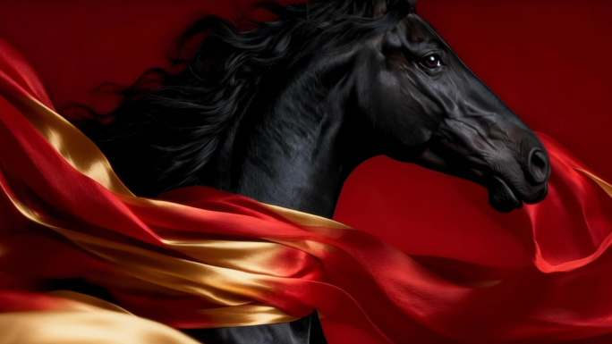 红绸金色飘带黑骏马奔腾马年舞美素材