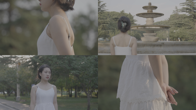 白裙女孩喷泉散步