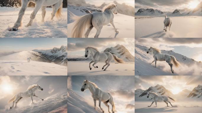 马到成功 白色骏马勇往直前 雪山之巅