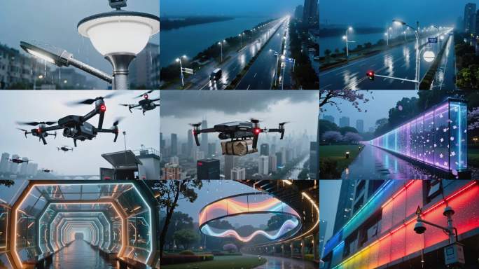 雨中城市无人机