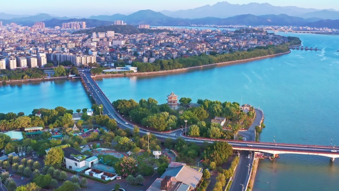 潮州航拍市区地标城市建筑日出唯美氛围光影