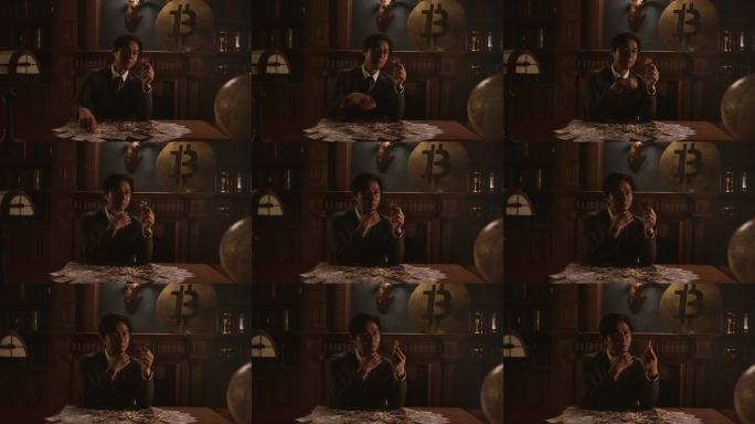 商务男士持比特币思考