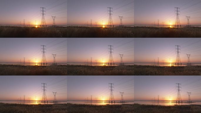 高压电塔黄河日出 07