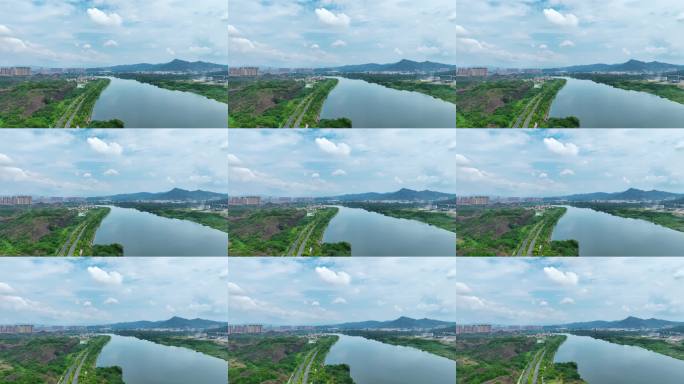 航拍山水河流城市风光