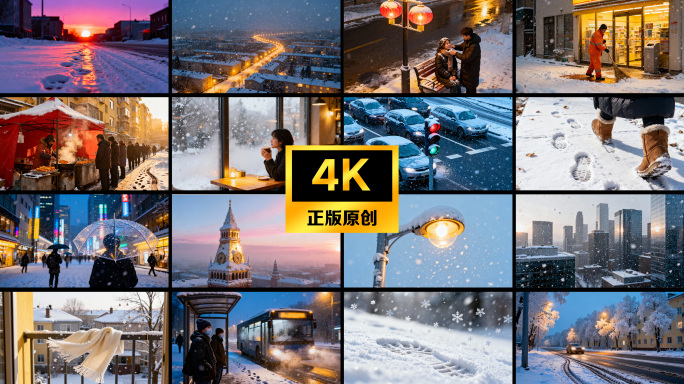 冬季城市雪景夕阳绝美行走航拍风土人情视频