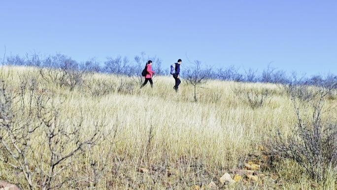 行走在空中草原的一对情侣户外登山徒步