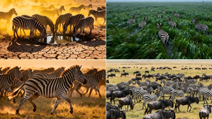 4K实拍感非洲大草原野生斑马迁徙奔跑