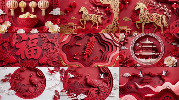 中国红喜庆春节元旦剪纸福字马年一镜到底