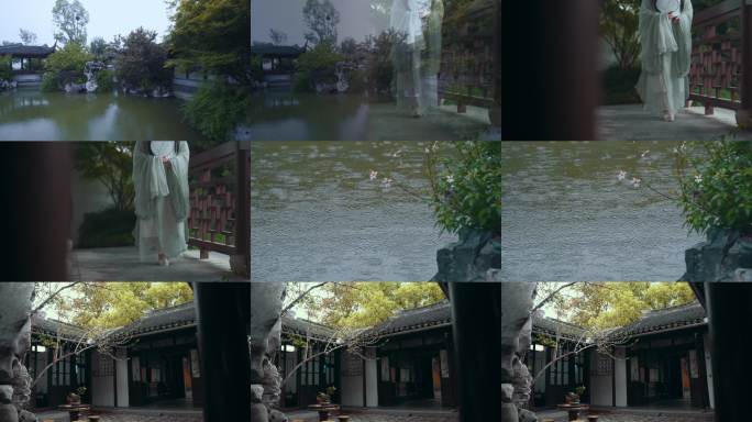 江南庭院，下雨漫步，唯美意境