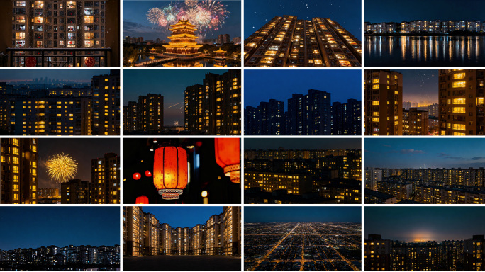 万家灯火航拍城市烟花春节小区夜晚窗户灯光