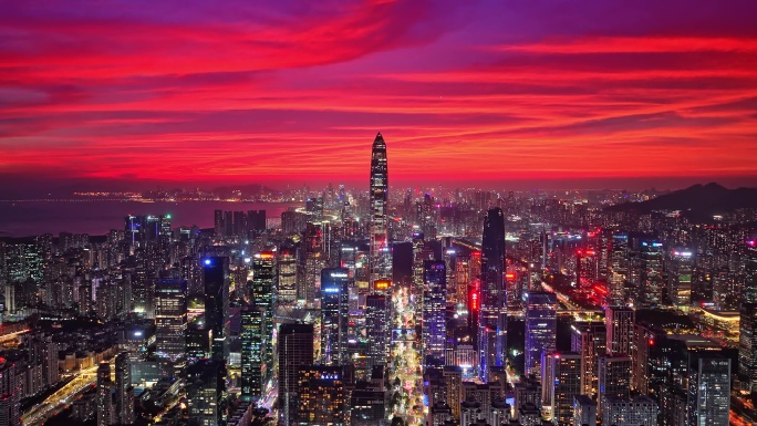 4k延时深圳福田CBD晚霞夜景