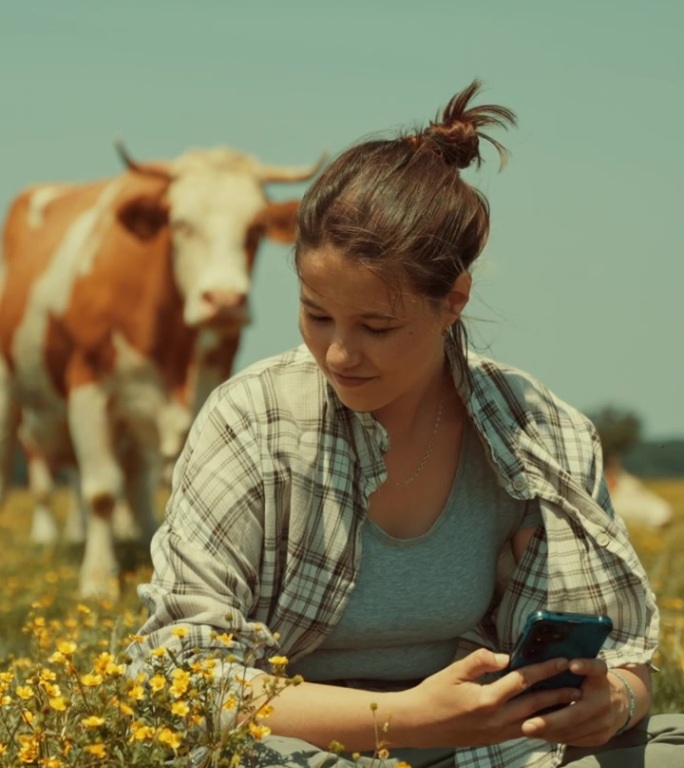 年轻女农民坐在草地上，周围环绕着奶牛，享受着在明亮天空下闭眼的宁静时刻。