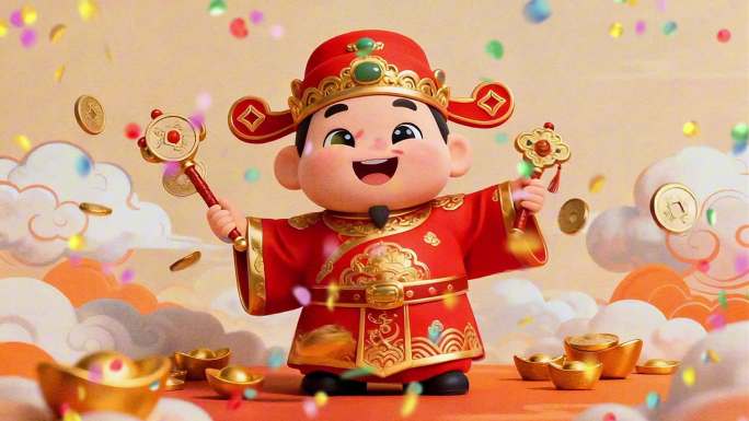 新年春节卡通财神送福动画