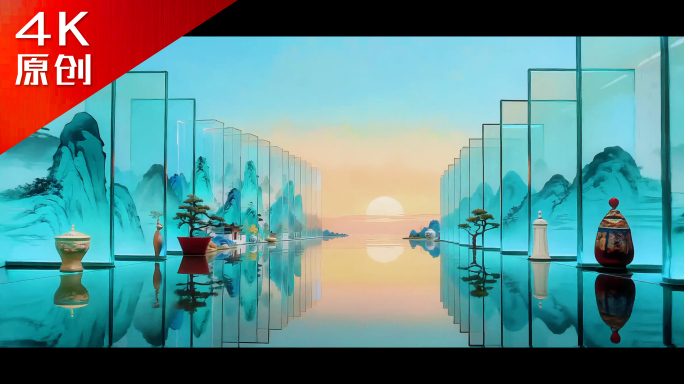 宽屏 国潮山水新中式屏风光影意境