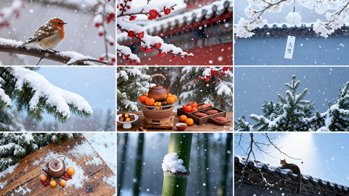 大雪节气冬天小寒大寒小雪雪中花鸟山水景色