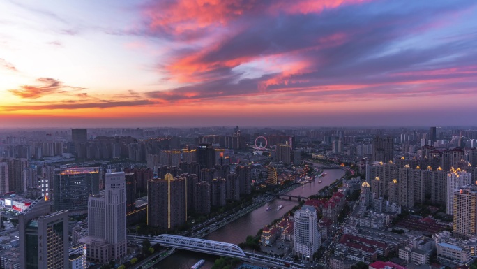 天津海河城市天际线晚霞