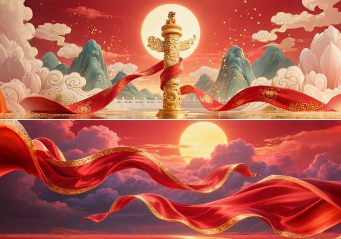 3:1国潮古风建筑红绸动态素材