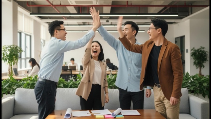 胜利时刻 职场团队欢呼庆祝 年轻人群