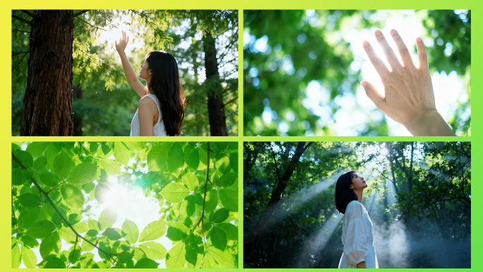 触摸阳光清新少女清晨治愈唯美光影森林阳光