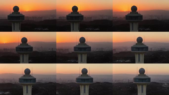 航拍塔状建筑日落景色