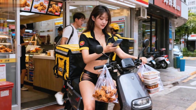 美女老板餐馆女服务员还有快餐送外卖的骑手