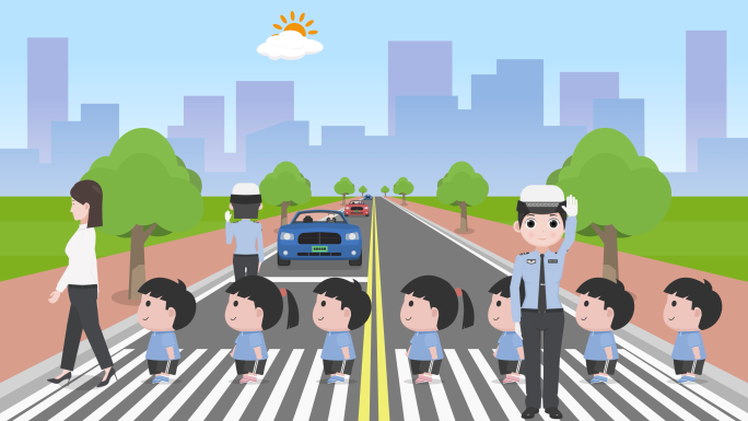 交警指挥小朋友过马路mg动画