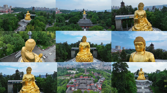 航拍重庆华岩寺金色佛像城市绿地公园景观