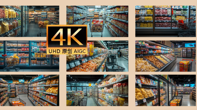 超市货架商品陈列展示 购物车逛超市食品区